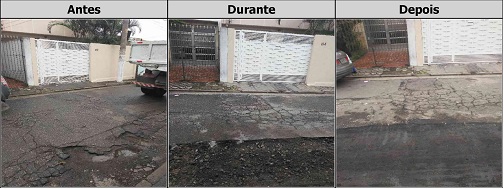 Antes, durante e depois do serviço de Tapa-Buraco na rua Juvenal Viêira da Silva