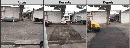 Antes, durante e depois do serviço de Tapa-Buraco na rua Lício de Miranda