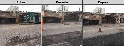 Antes, durante e depois do serviço de Tapa-Buraco na rua Epiacaba