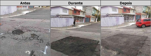 Antes, durante e depois do serviço de Tapa-Buraco na rua Abrahão Mussa