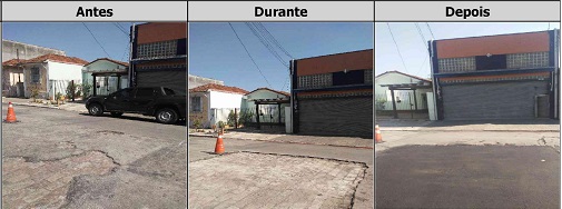 Antes, durante e depois do serviço de Tapa-Buraco na rua Auriverde