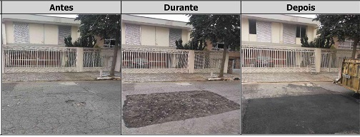 Antes, durante e depois do serviço de Tapa-Buraco na rua José Martir
