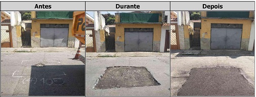 Antes, durante e depois do serviço de Tapa-Buraco na rua Macaxás 