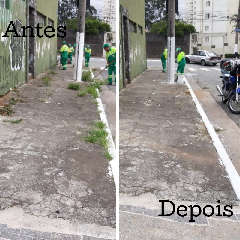 Foto do antes: quatro funcionários da Subprefeitura Ipiranga realizando o serviço de capinagem e pintura de guia em uma calçada da rua Sérgio de Azevedo Valente. Foto do depois: Dois funcionários da Subprefeitura Ipiranga finalizando o serviço de pintura de guia de uma calçada da rua Sérgio de Azevedo Valente.