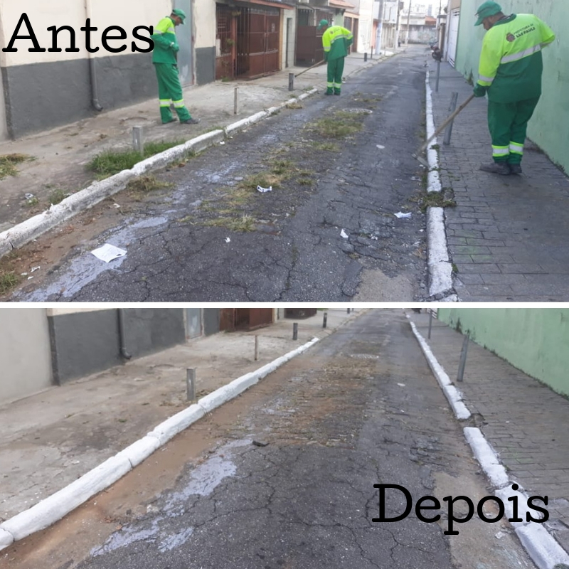 Foto do antes: Três funcionários da Subprefeitura Ipiranga realizando o serviço de capinagem na rua Marquês de Lages. Foto do depois: rua Marquês de Lages limpa.