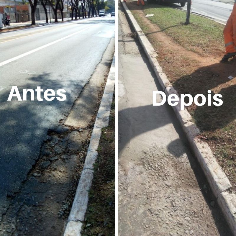 Antes e depois do serviço de tapa-buraco na avenida dom pedro