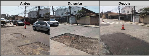 Antes, durante e depois do serviço de Tapa-Buraco na rua Antônio Cantarella 
