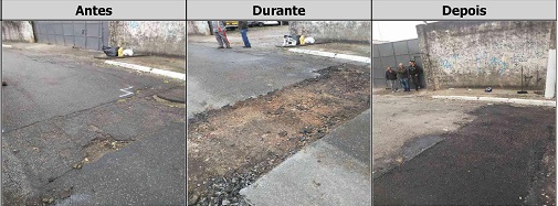 Antes, durante e depois do serviço de Tapa-Buraco na rua Abrahão Mussa