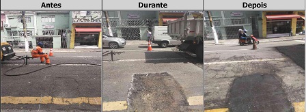 Antes, durante e depois do serviço de Tapa-Buraco na rua Lino Coutinho
