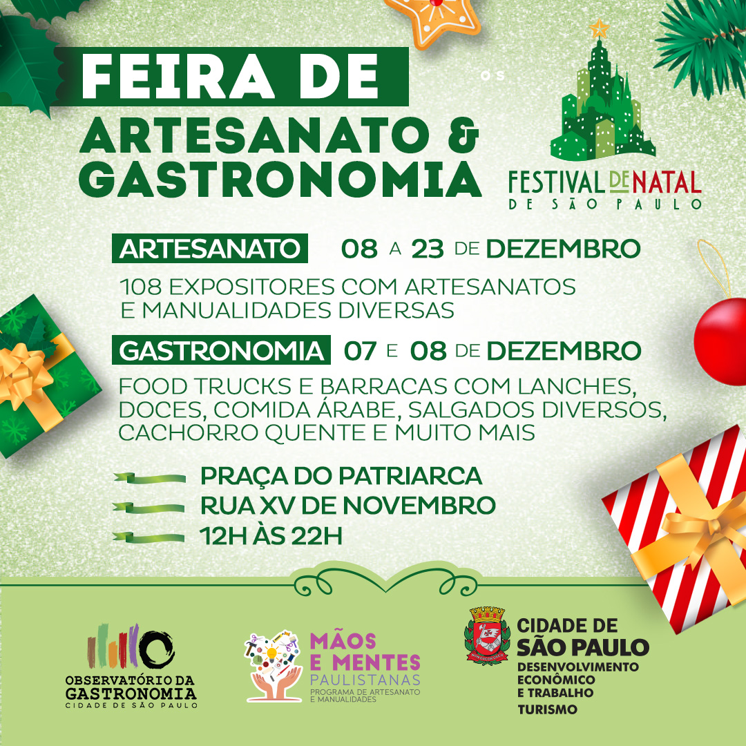 cartaz com o logotipo do Festival de Natal e escrito Feira de artesanato e gastronomia e informações descritas no texto