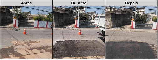Antes, durante e depois do serviço de Tapa-Buraco na rua Antônio Cantarella 