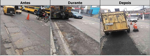Antes, durante e depois do serviço de Tapa-Buraco na Estrada das Lágrimas