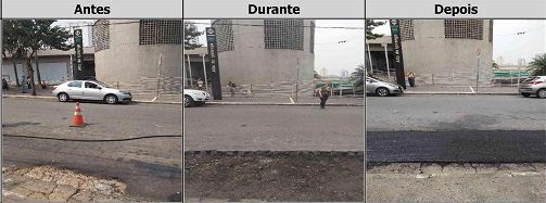 Antes, durante e depois do serviço de tapa-buraco na rua Visc. de Pirajá 