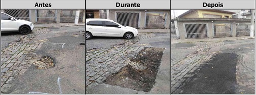 Antes, durante e depois do serviço de Tapa-Buraco na rua Américo Samarone