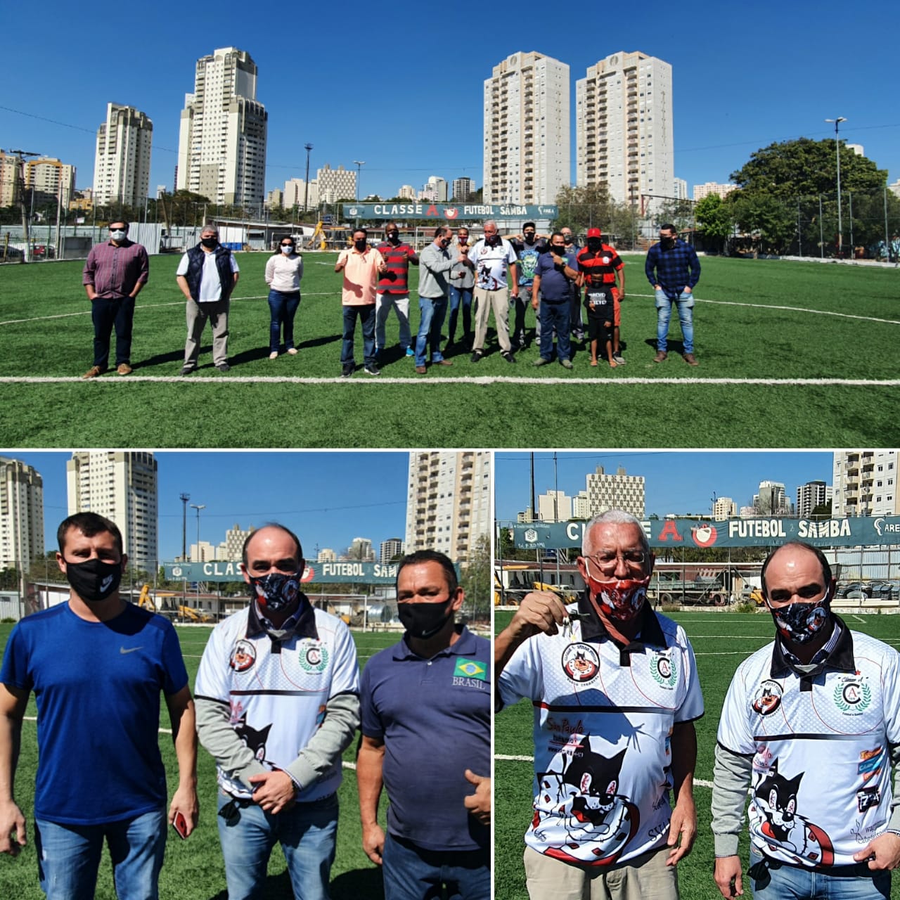 foto colorida mostra os moradores no centro do campo e abaixo fotos com os presidentes da associação e do clube classe a