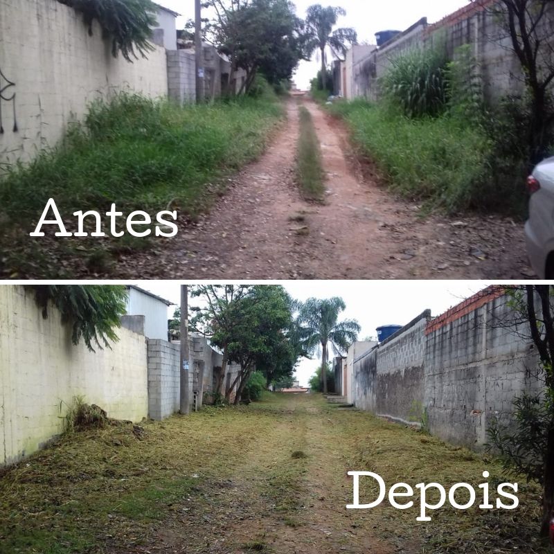 Antes e depois do serviço de roçagem na rua Aratimbo
