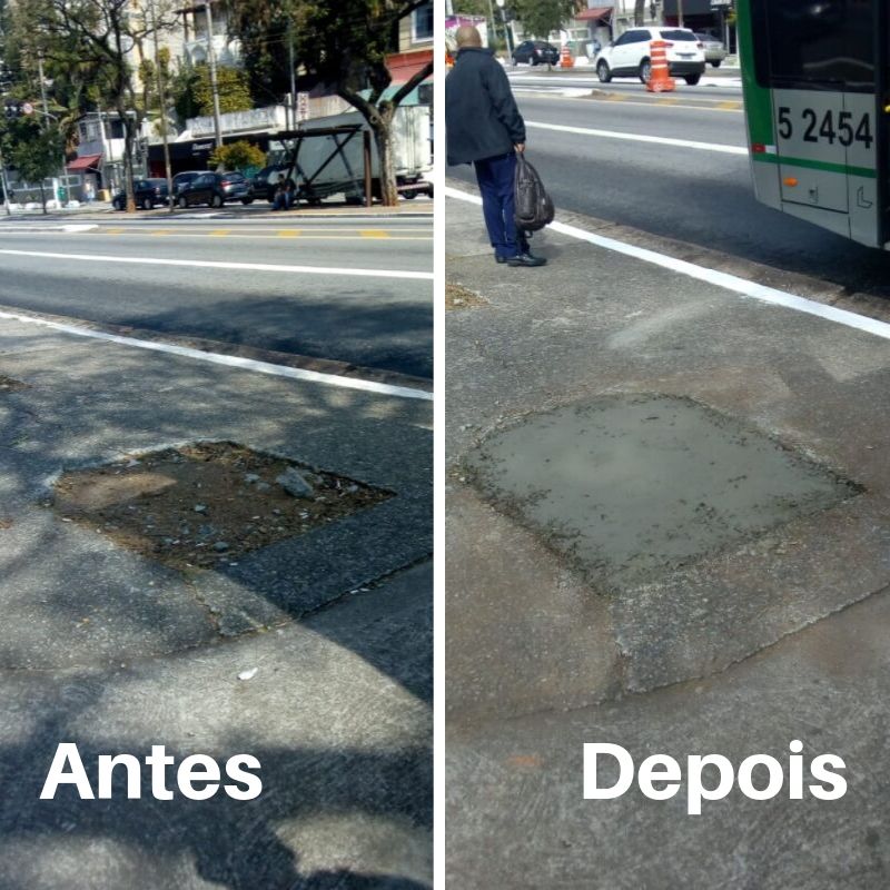 Antes e depois do serviço de tapa-buraco na avenida dom pedro