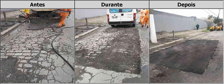 Antes, durante e depois do serviço de Tapa-Buraco na avenida Presidente Wilson