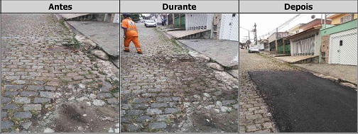 Antes, durante e depois do serviço de Tapa-Buraco na rua Caripurá
