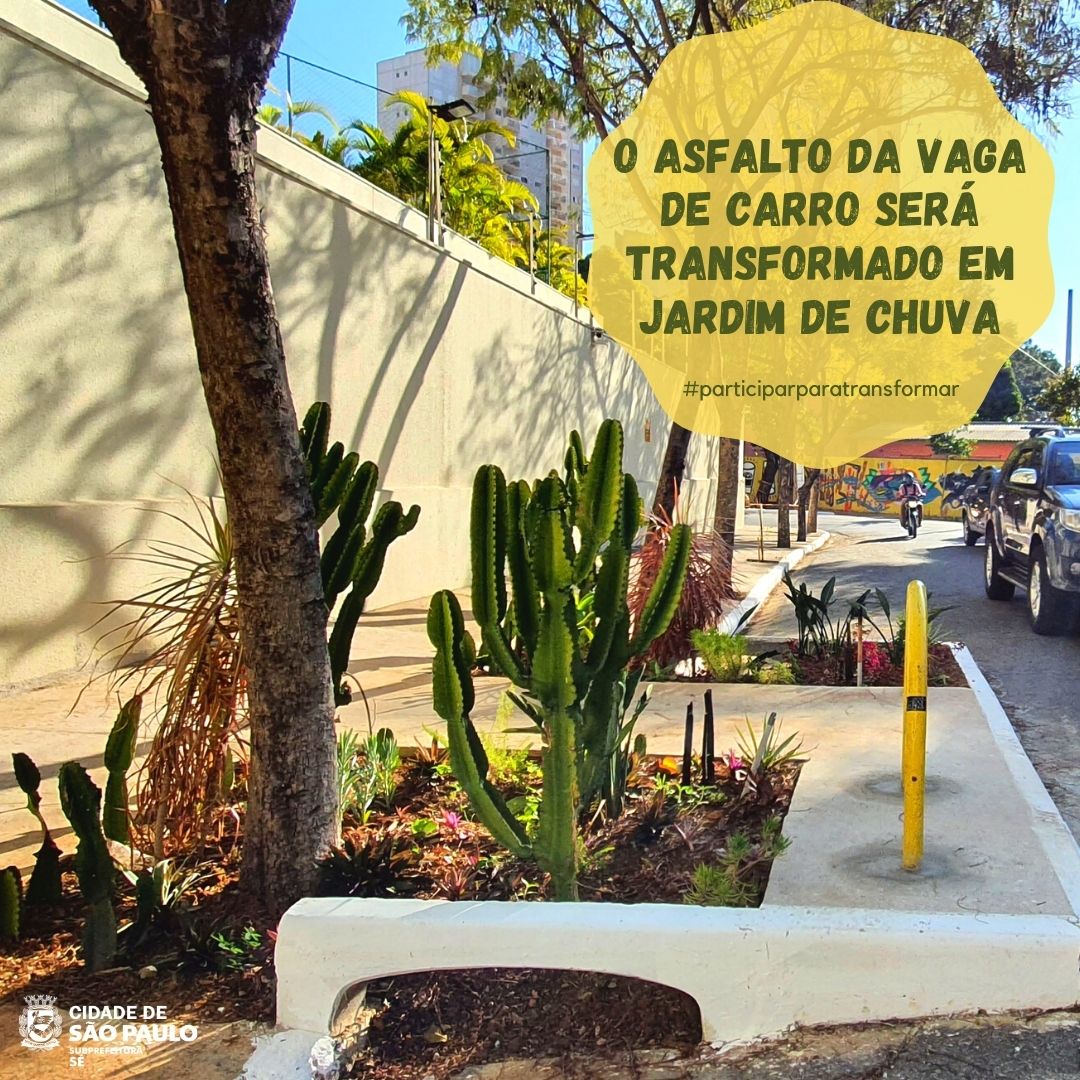 foto colorida do jardimd e chuva da Rua Capistrano de Abreu escrito: o asfalto da vaga de carro será transformado em jardim de chuva