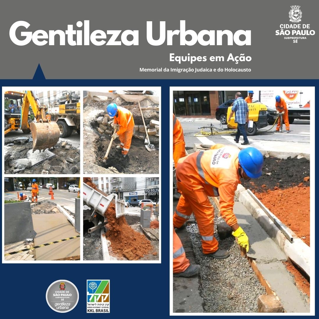 arte escrito Gentileza Urbana com imagens dos funcionários da equipe de logradouro uniformizados e quebrando o asfalto