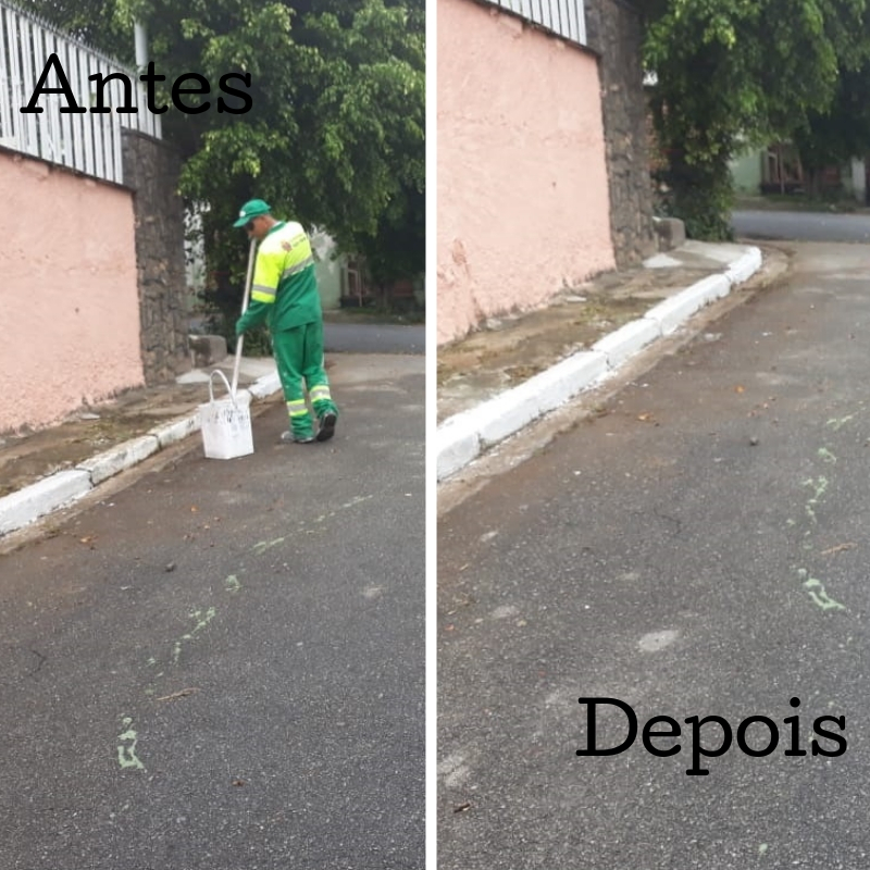 Foto do antes: Um funcionário da Subprefeitura Ipiranga realizando a pintura da guia da calçada na rua Guareta. Foto do depois: Guia da calçada da rua Guareta já pintada