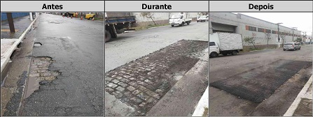 Antes, durante e depois do serviço de Tapa-Buraco na avenida Presidente Wilson