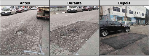 Antes, durante e depois do serviço de tapa-buraco na rua Nossa Sra. Da Saúde