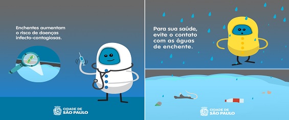 Na primeira arte é possível ver um fundo azul escuro com o desenho de um médico do lado direito e uma lupa analisando a água da enchente do lado esquerdo com a frase Enchentes aumentam o risco de doenças infecto-contagiosas. Na segunda arte de fundo azul escuro é possível ver o desenho de uma pessoa vestida de roupa na cor amarela tentando se proteger da chuva e do lado esquerdo está escrita a frase Para sua saúde, evite o contato com as águas de enchentes. Na terceira arte é possível ver a representação de uma enchente com uma garrafa pet, um rato e uma lata boiando na água da chuva