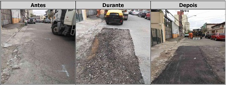 Antes durante e depois do serviço de tapa-buraco na rua Barreto Muniz
