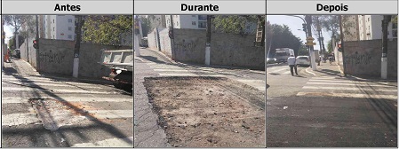 Antes, durante e depois do serviço de Tapa-Buraco na rua Eugênio Kusnet 