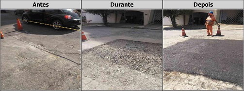 Antes, durante e depois do serviço de Tapa-Buraco na rua Manoel Coelho da Silva
