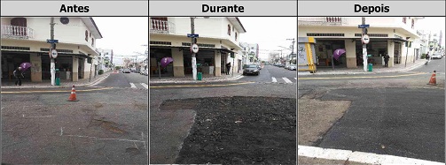 Antes, durante e depois do serviço de tapa-buraco na rua Belgrado