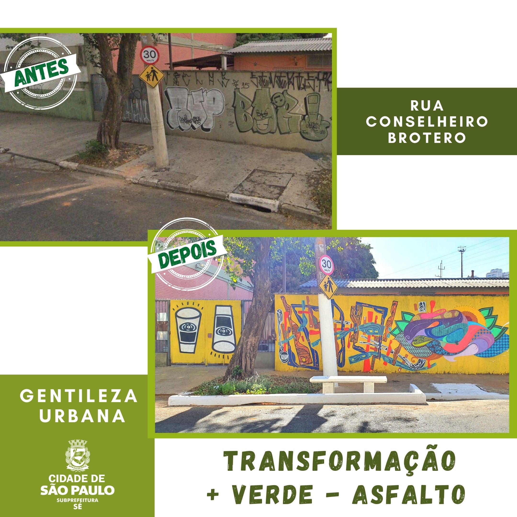 montagem com duas fotos da rua conselheiro brotero com o antes e depois