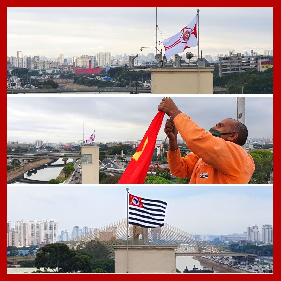Finalização da troca das bandeiras em três fotos