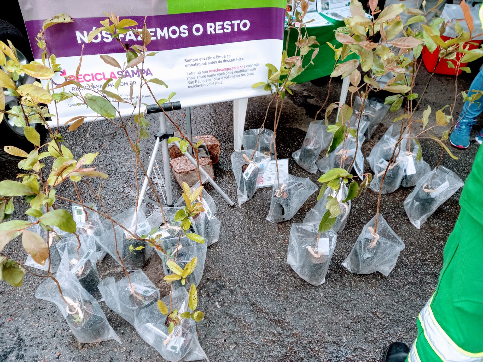 mudas de plantas em sacos apropriados estão depositadas no chão. Atrás, um cartaz no Reciclasampa, com mensagem Nós fazemos o Resto