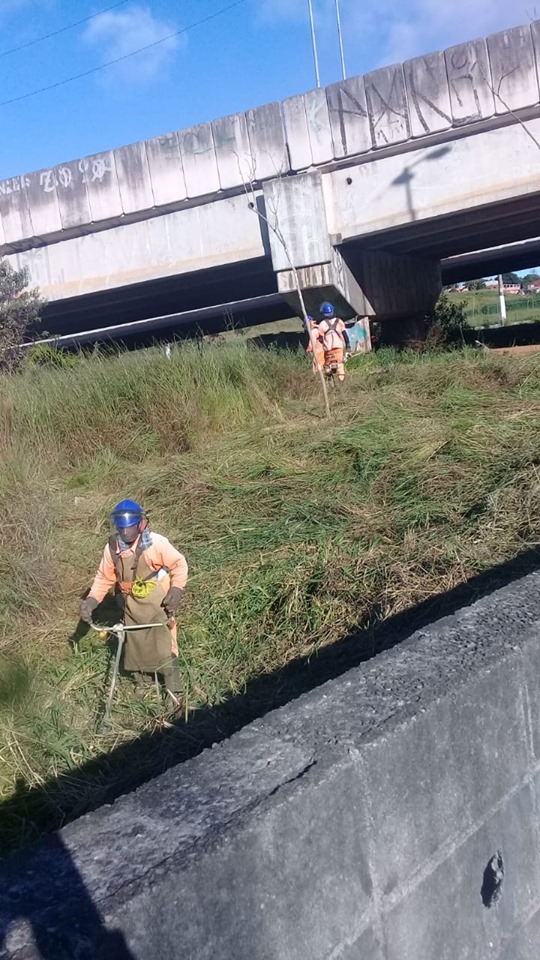 Dois trabalhadores roçam o mato, atrás de um muro. À frente, o viaduto de interligação com o Rodoanel.