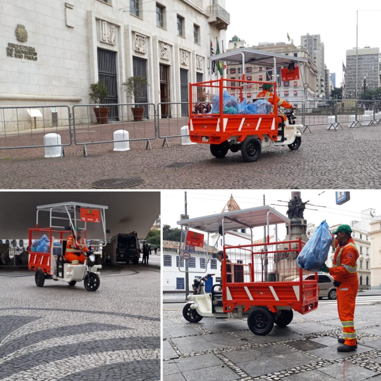 Montagem de três fotos mostram a bicicleta elétrica em frente a Prefeitura, Praça do Patriarca e Pateo do Collegio