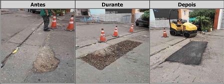 Antes, durante e depois do serviço de Tapa-Buraco na rua José Antônio Valadares