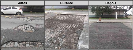 Antes, durante e depois do serviço de Tapa-Buraco na avenida Presidente Wilson