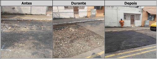 Antes, durante e depois do serviço de tapa-buraco na rua Guilherme Bebiano Martins