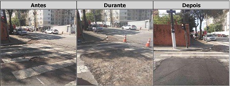 Antes, durante e depois do serviço de Tapa-Buraco na rua Eugênio Kusnet 