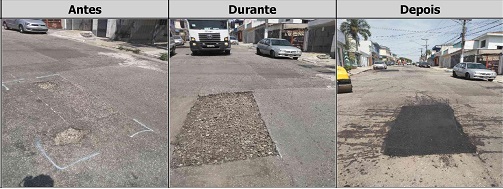 Antes, durante e depois do serviço de Tapa-Buraco na rua Romão Puiggari