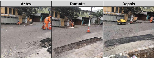 Antes, durante e depois do serviço de tapa-buraco na rua Sussuarana