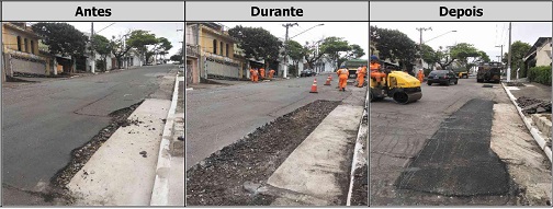 Antes, durante e depois do serviço de tapa-buraco na rua Sussuarana