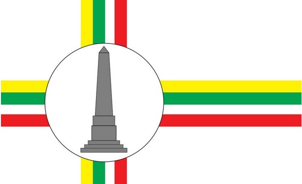 Bandeira de Vila Prudente, com listras cruzadas nas coras amarelo, verde, branco e vermelho, com um círculo ao centro e, dentro do círculo, a foto do obelisco.
