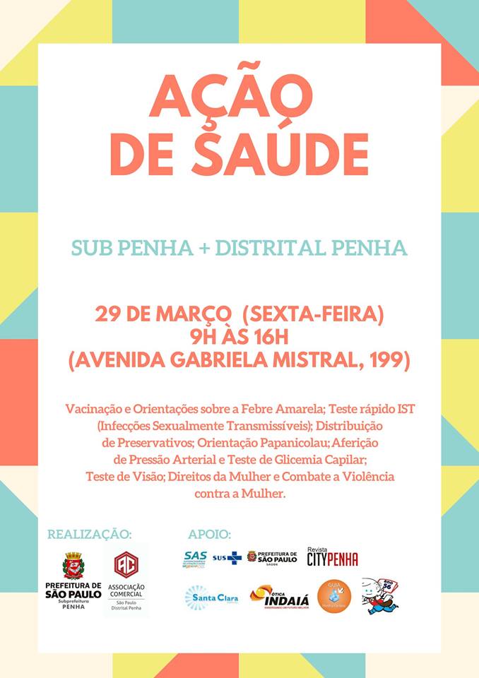 Cartaz evento - Ação de saúde - SubPenha + distrital Penha - 29/03 das 09h às 16h
