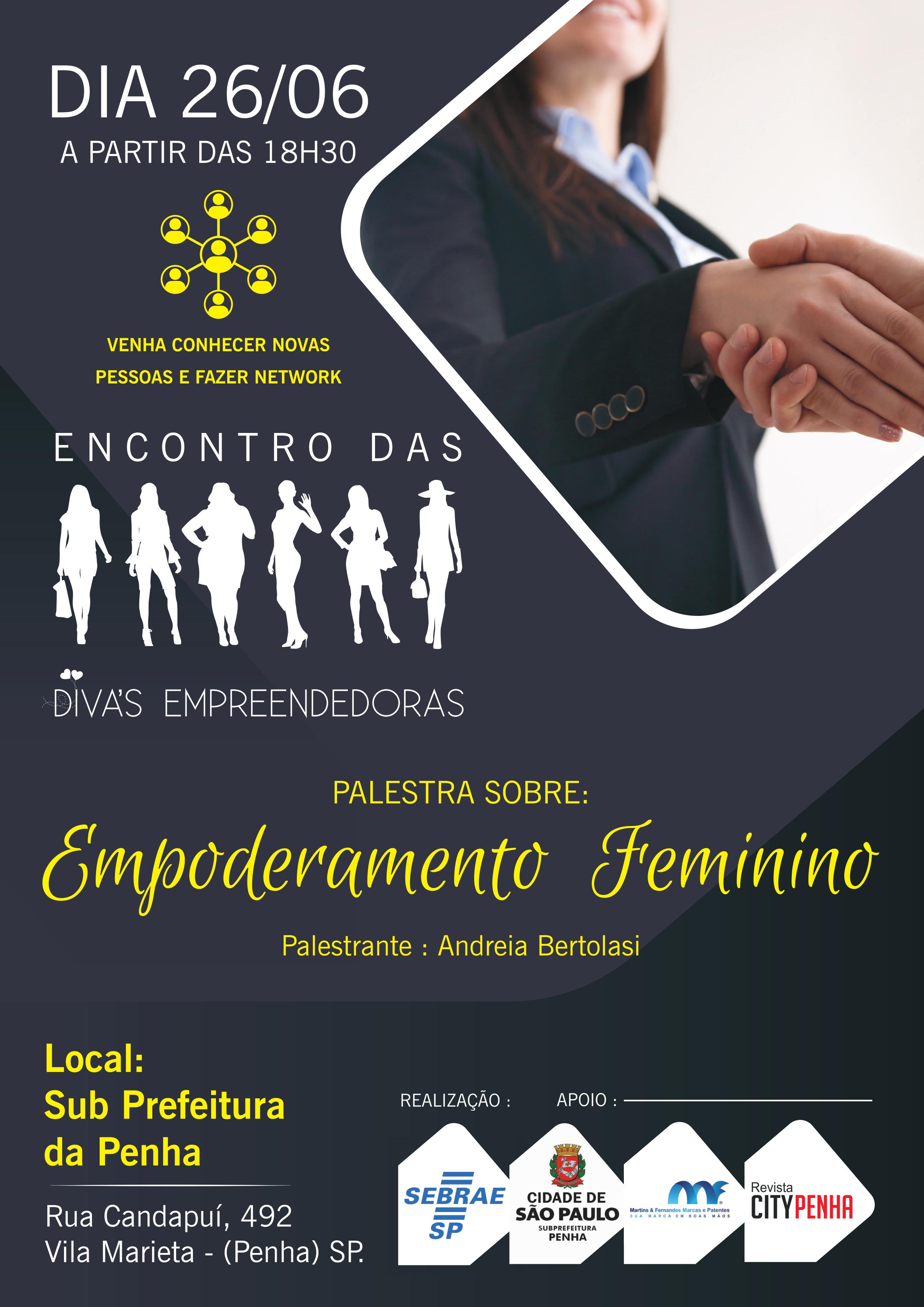 Cartaz de evento chamado Encontro Divas Empreendedoras - mostra mulher apertando a mão de outra pessoa