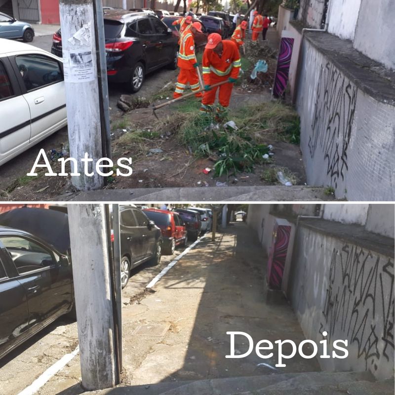 Antes e depois do serviço de capinagem na rua Paulo Bregaro