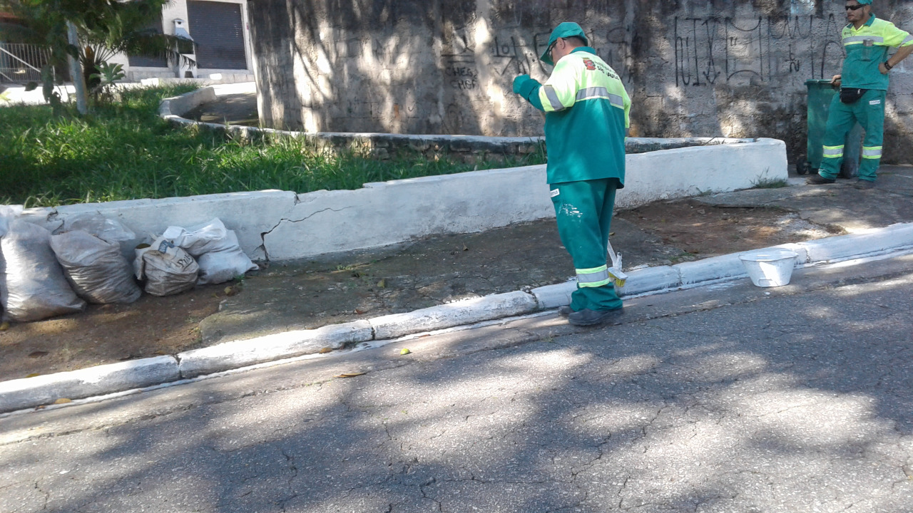 Visualiza-se dois funcionários, vestindo uniformes verdes, pintando, de branco, a guia de uma calçada.